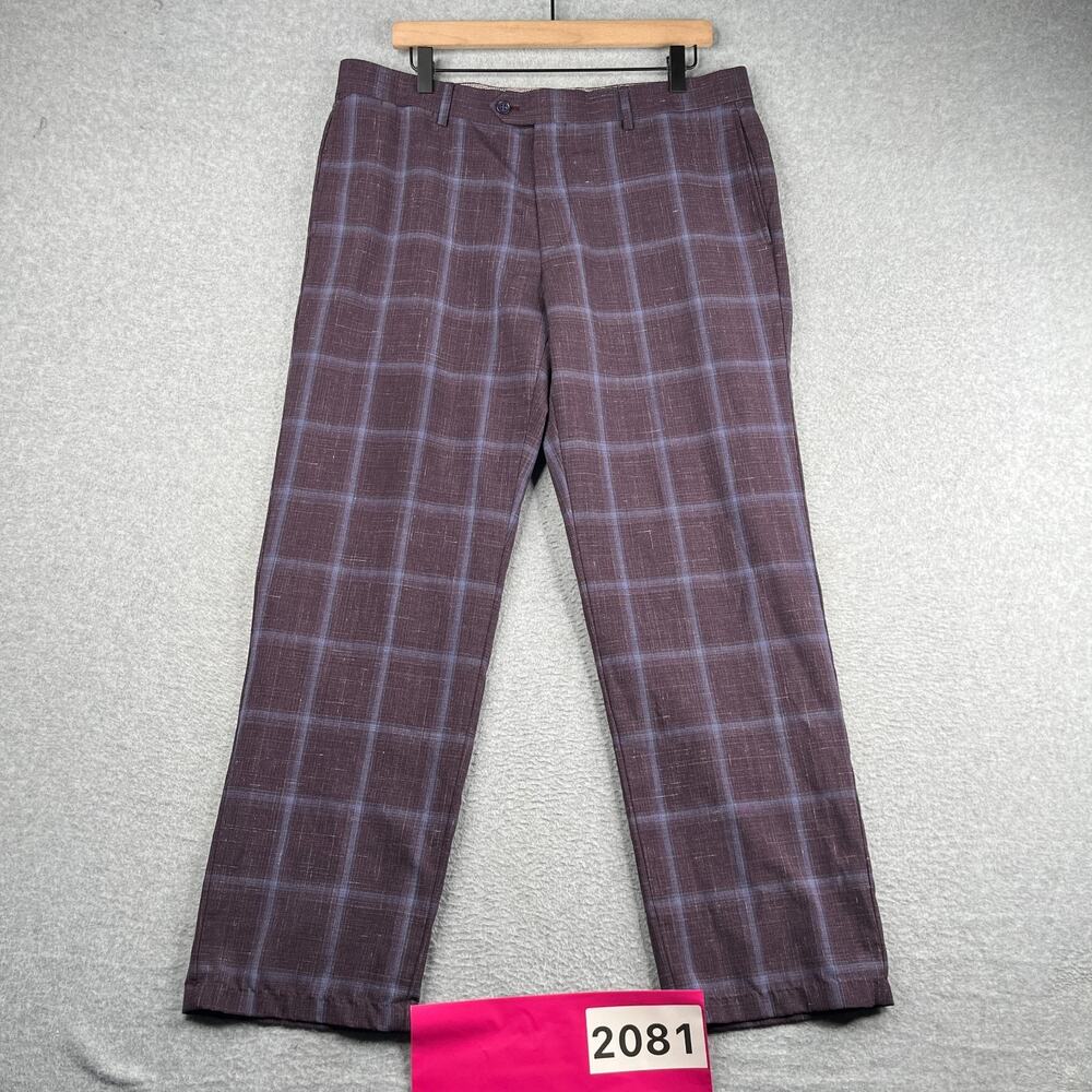 English Laundry Wool Blend Trousers Dress Pants 35W Purple Blue Check Mens